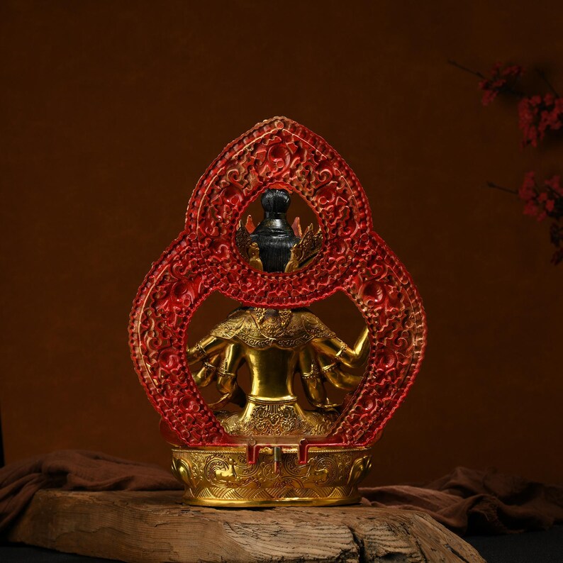 Handmade Brass Ushnishavijaya Buddha Statue: Three-Headed Tibetan Longevity Deity