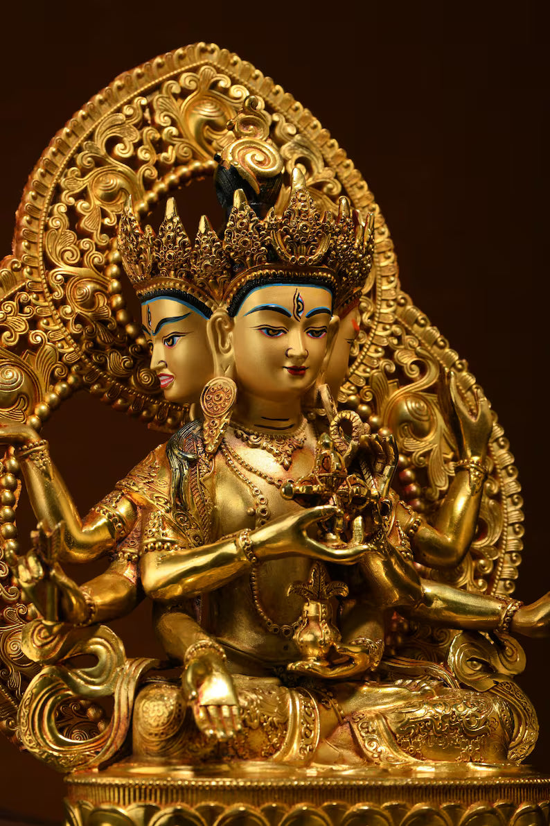 Handmade Brass Ushnishavijaya Buddha Statue: Three-Headed Tibetan Longevity Deity