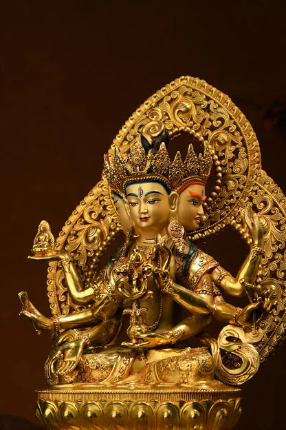 Handmade Brass Ushnishavijaya Buddha Statue: Three-Headed Tibetan Longevity Deity