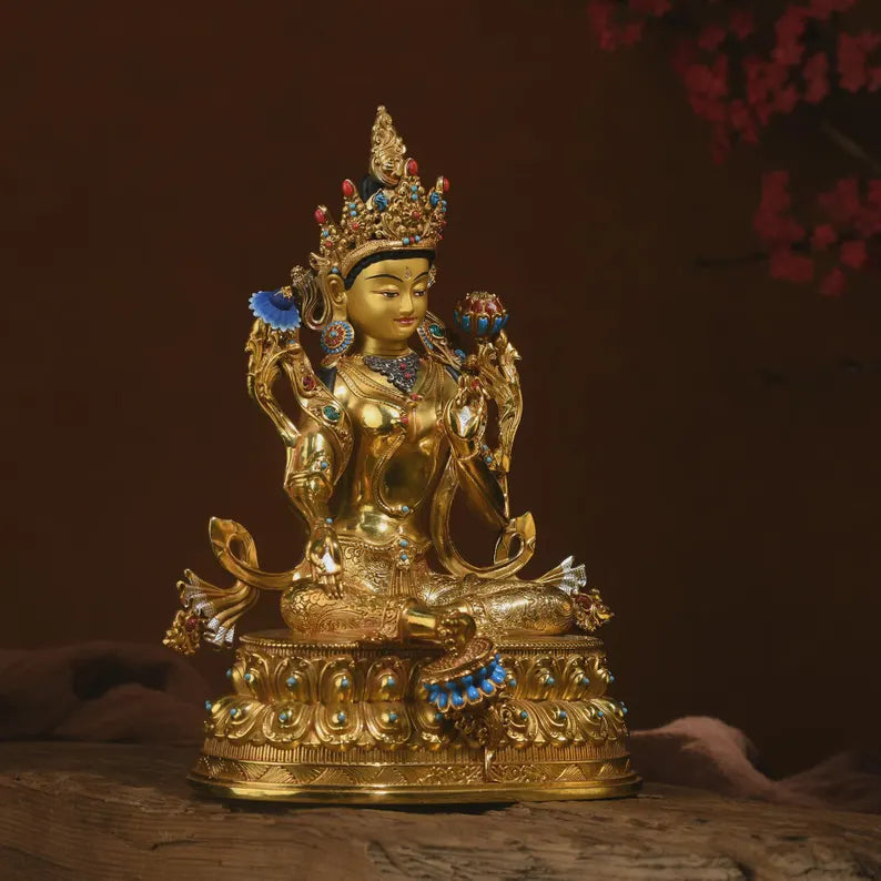 Bronze Green Tara Buddha Statue: Tibet/Nepal Home Decor (16cm x11cm x21cm)
