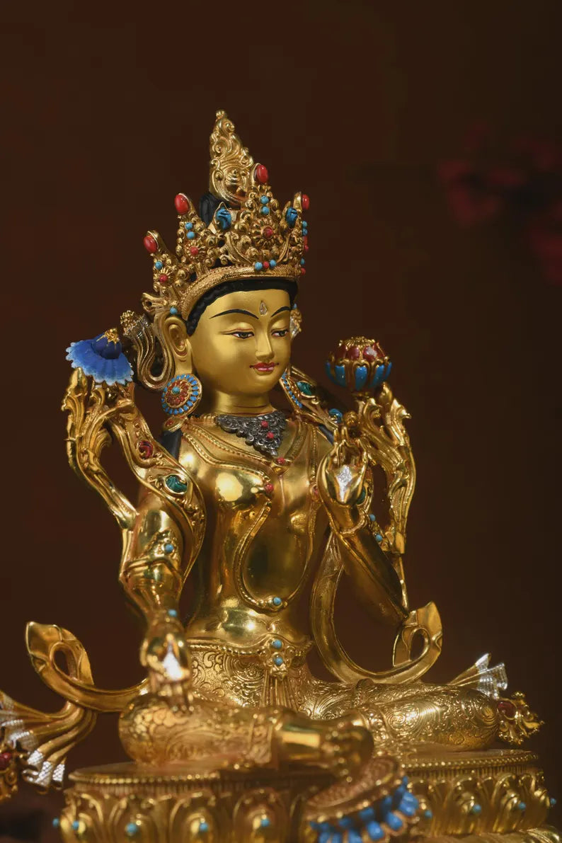 Bronze Green Tara Buddha Statue: Tibet/Nepal Home Decor (16cm x11cm x21cm)