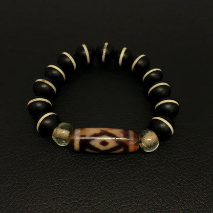 Antique Agate Dzi Bead Bracelet: Tibetan King Kong Amulet Rosary