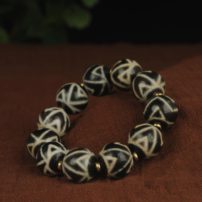 Antique Agate Dzi Bead Bracelet: Tibetan Amulet Rosary