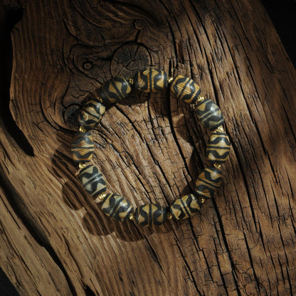 Antique Agate Dzi Bead Bracelet: Tibetan Amulet Rosary