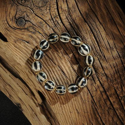 Antique Agate Dzi Bead Bracelet: Tibetan Amulet Rosary