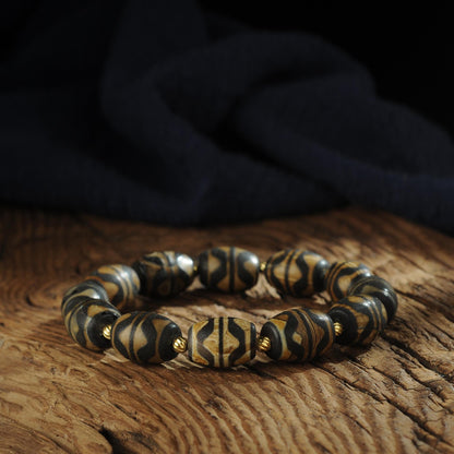 Antique Agate Dzi Bead Bracelet: Tibetan Amulet Rosary