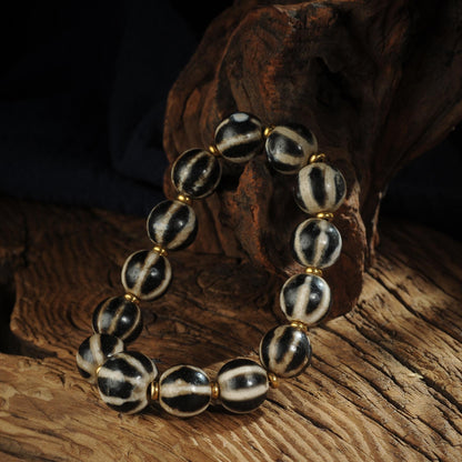 Antique Agate Dzi Bead Bracelet: Tibetan Amulet Rosary