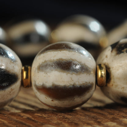 Antique Agate Dzi Bead Bracelet: Tibetan Amulet Rosary