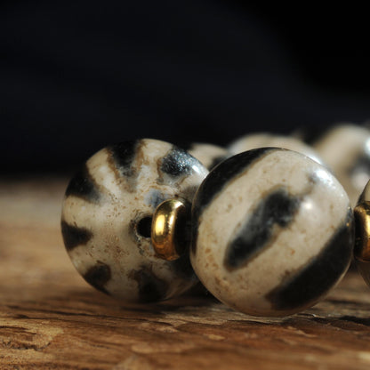 Antique Agate Dzi Bead Bracelet: Tibetan Amulet Rosary