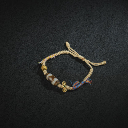Antique Agate Dzi Bracelet: Handwoven Tibetan Amulet