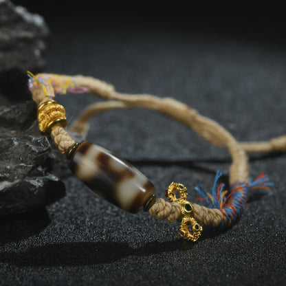Antique Agate Dzi Bracelet: Handwoven Tibetan Amulet