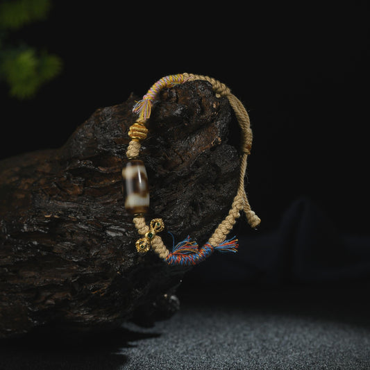 Antique Agate Dzi Bracelet: Handwoven Tibetan Amulet