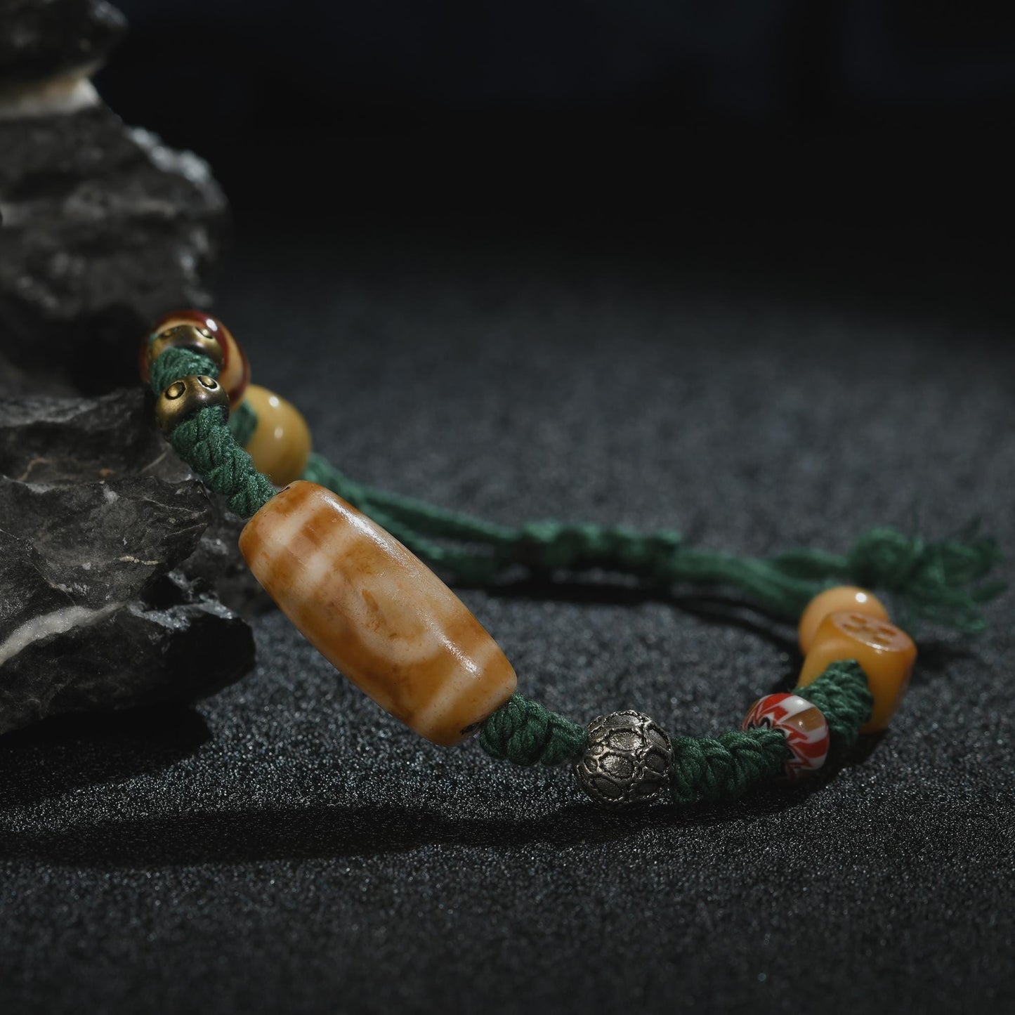 Antique 2-Eye Dzi Bead Bracelet: Handwoven Tibetan Amulet