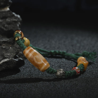 Antique 2-Eye Dzi Bead Bracelet: Handwoven Tibetan Amulet