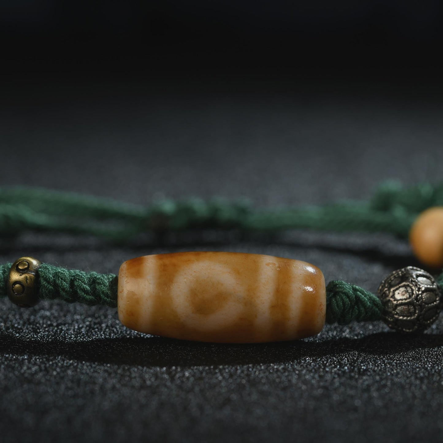 Antique 2-Eye Dzi Bead Bracelet: Handwoven Tibetan Amulet
