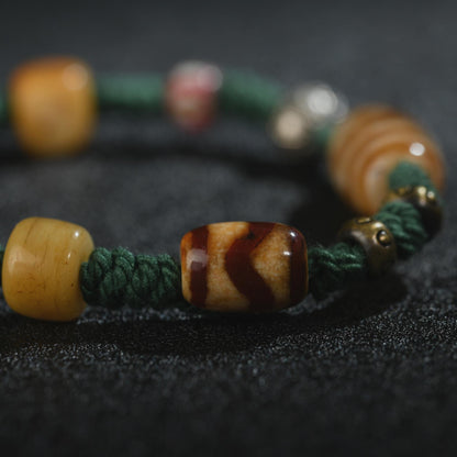 Antique 2-Eye Dzi Bead Bracelet: Handwoven Tibetan Amulet