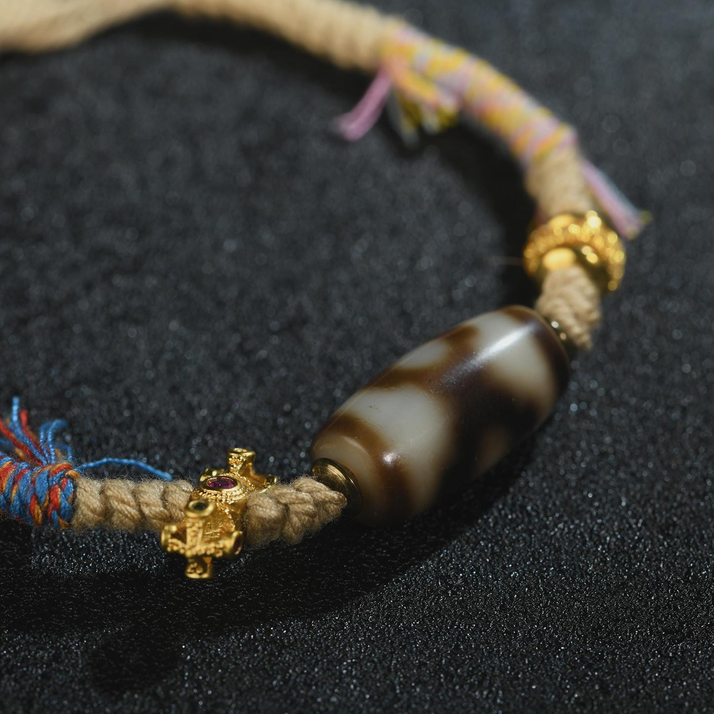 Antique Agate Dzi Bracelet: Handwoven Tibetan Amulet